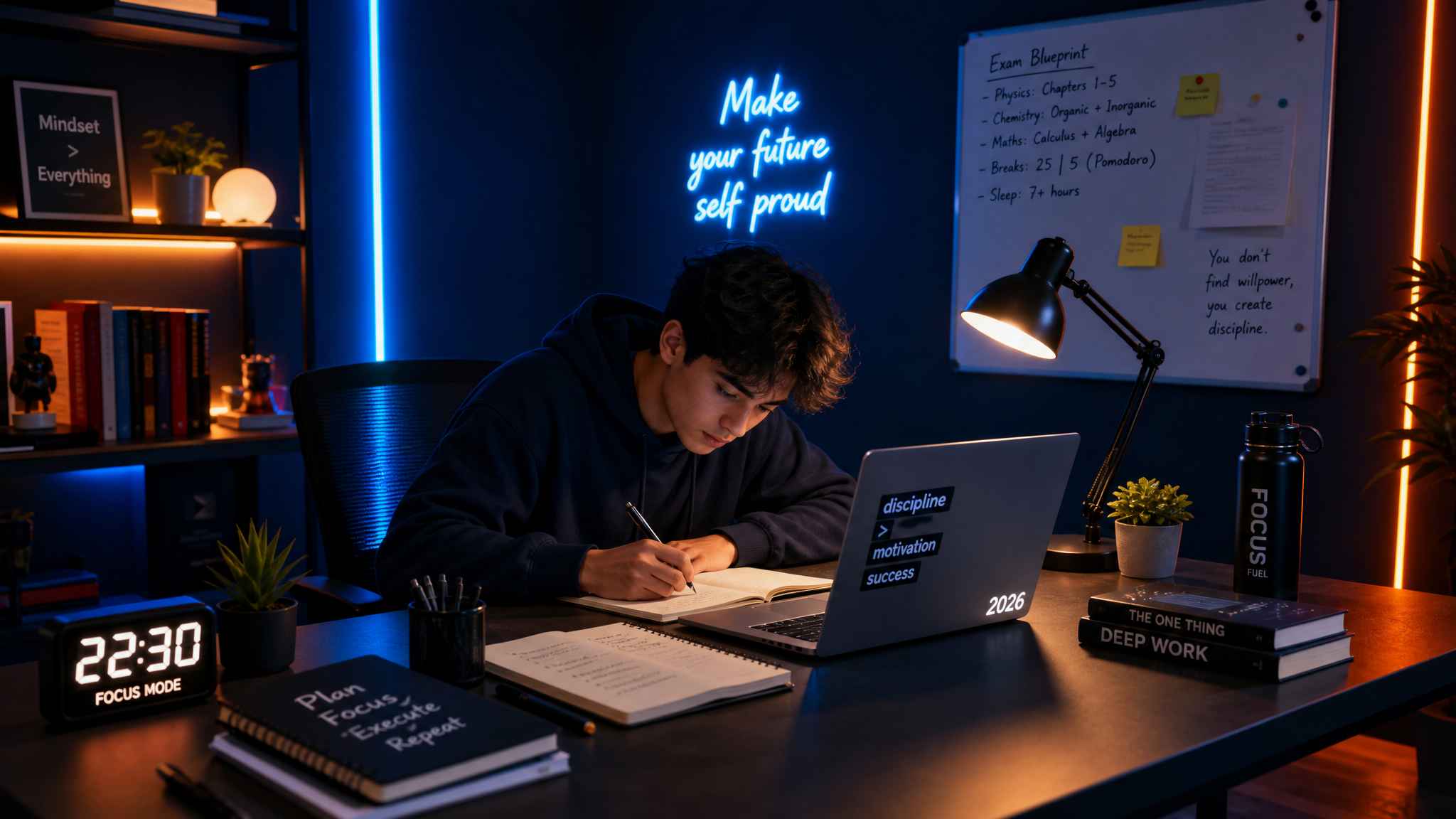 Neon ışıklı modern çalışma masasında odaklanmış genç öğrenci